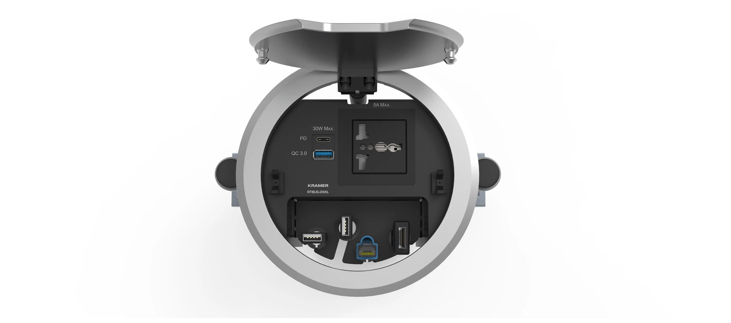 RTBUS–28XL(BC) – Rundes Tischanschlussfeld mit Steckdose^ USB-Anschlüssen und Kabeldurchführungen
