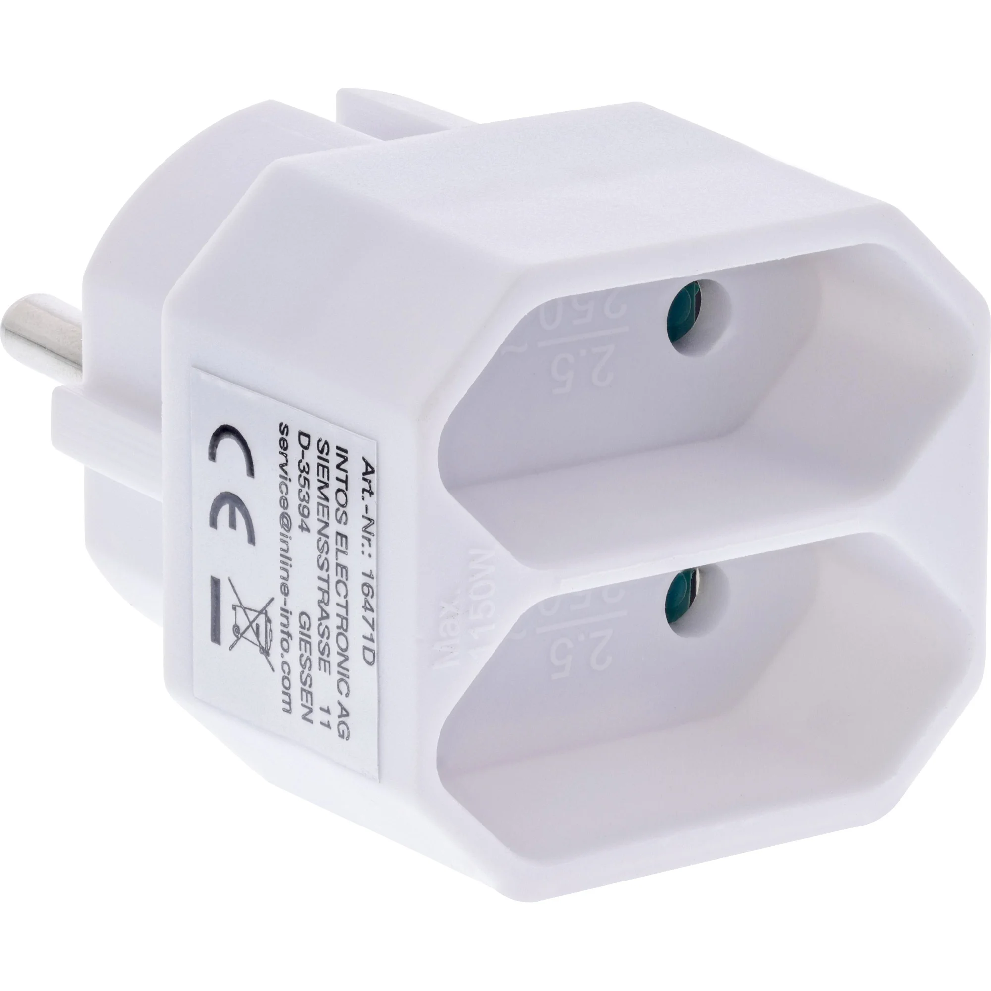 InLine® Steckdosenadapter, Schutzkontakt Stecker an 2x Eurobuchse, weiß