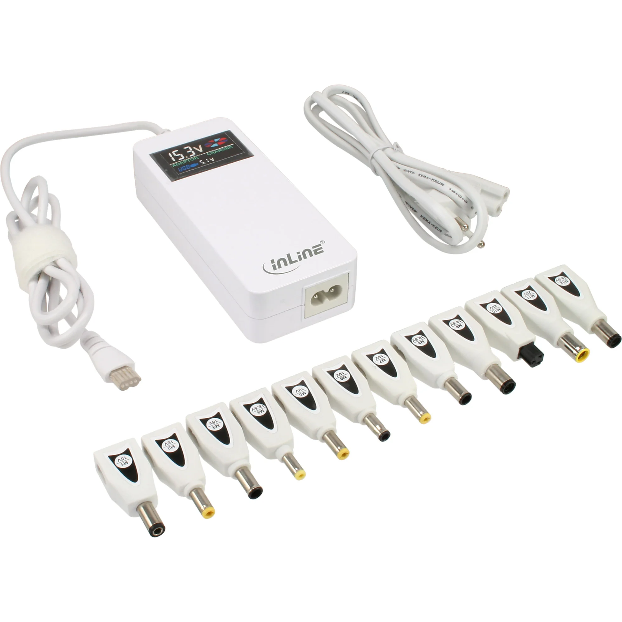 InLine® Universal Notebook-Netzteil mit Farbdisplay, weiß, 12 Wechselstecker