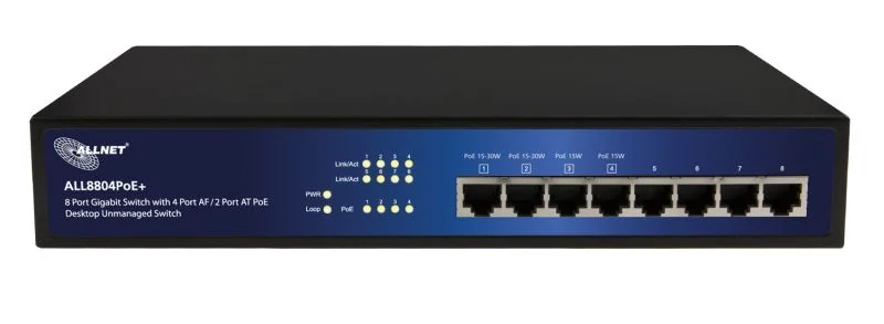 ALLNET Switch unmanaged 8 Port Gigabit 63W / 4x PoE+ / 4x LAN / Lüfterlos /19" / " ALL8804PoE+"