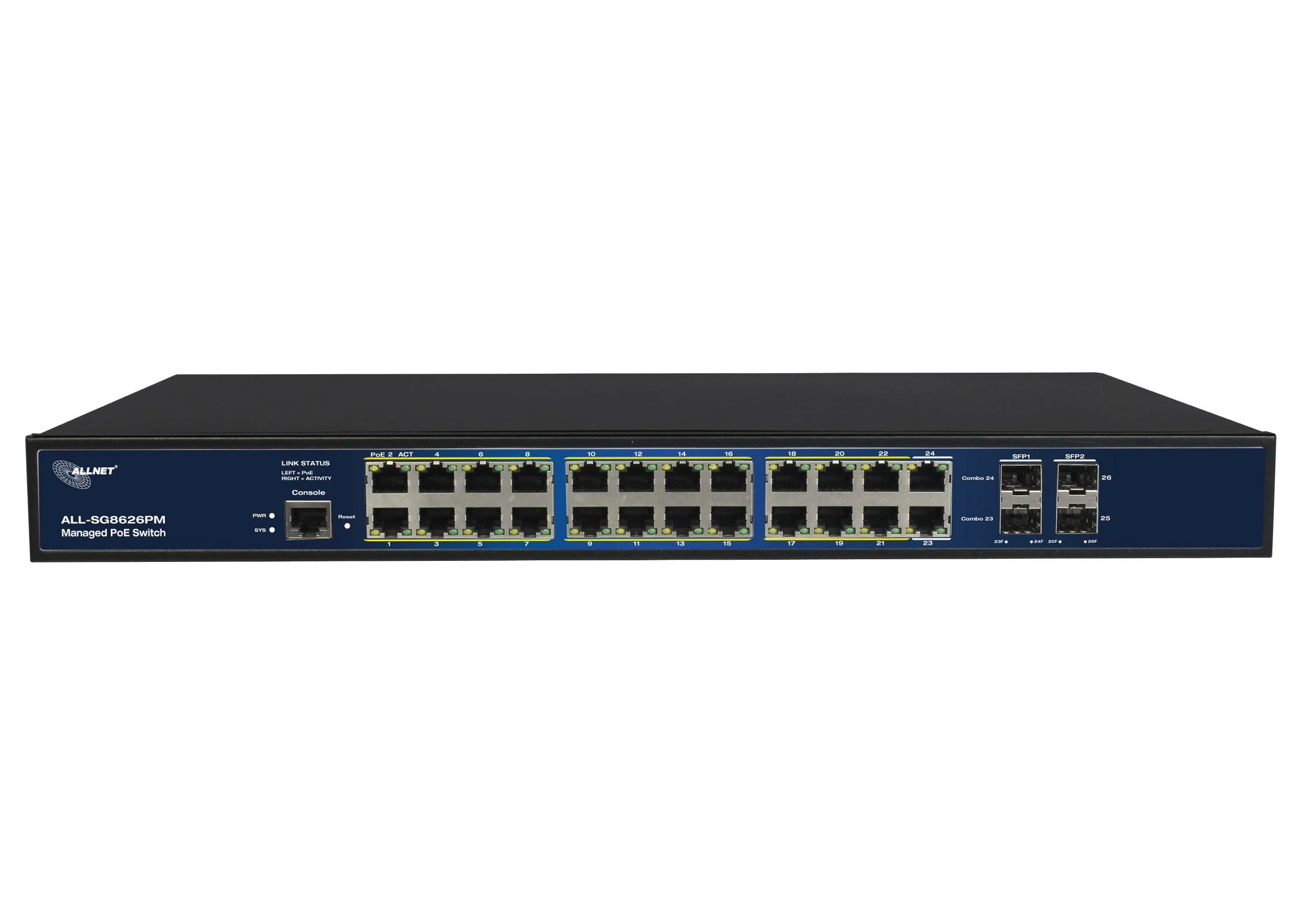 ALLNET Switch full managed 24 Port Gigabit 390W / 24x PoE+ / 4x SFP / Lüfterlos / 19" / " ALL-SG8626PM"