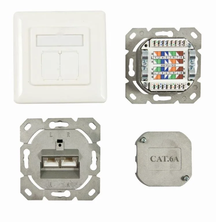 Dosen TP, UP, 2-fach, CAT6A, 500Mhz, Reinweiss, LSA, Synergy 21, waagrechter hinterer Kabeleingang