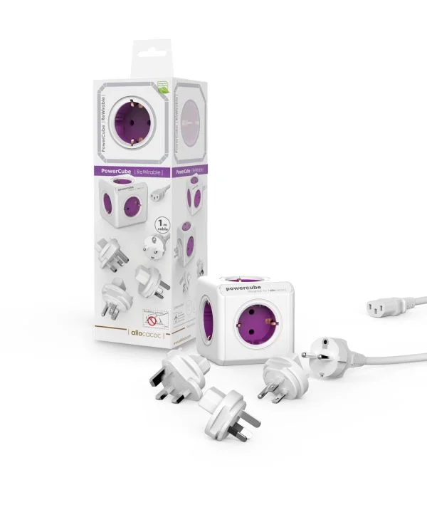 DesignNest(Allocacoc) Powercube, ReWirable [DE], 5xDosen(CEE7)->Kaltgeräte Stecker(C14), weiss/lila, incl 3x Plugs+IEC Kabel