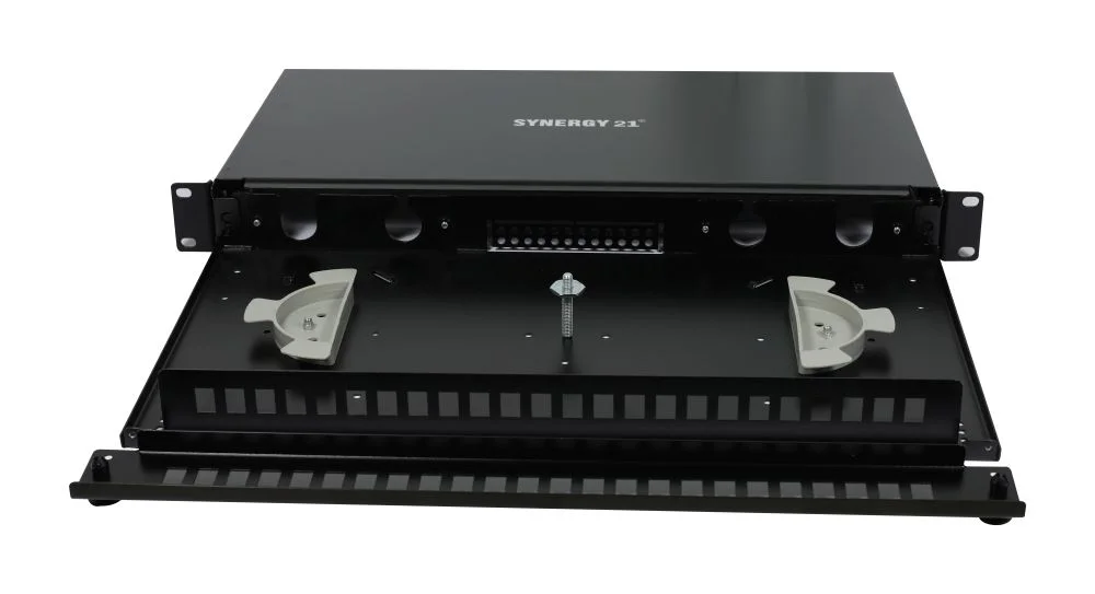 LWL-Patchpanel Spleisbox,19", 24xLC-Duplex-Buchsen, OM5, 50/125u Multimode, incl.Pigtails, Schwarz, Synergy 21,