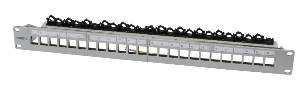 Patch Panel 24xTP, CAT6A, incl.Keystone Slim-line/Short 3P, 19", 1HE(t 94mm) mit Kabelklemme, Lichtgrau, Synergy 21,