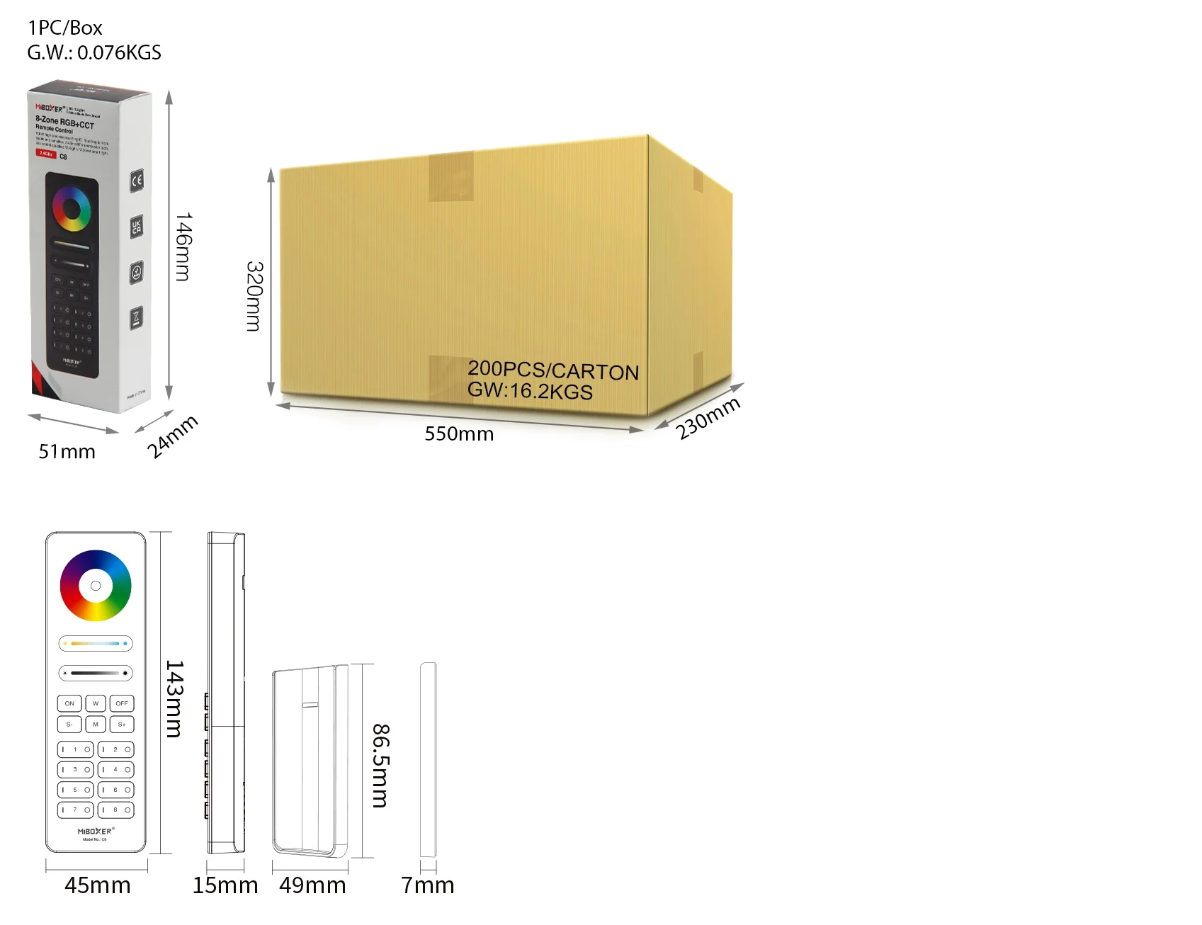 Synergy 21 LED Fernbedienung 2,4GHz 8-Zonen-RGB+CCT (w) *Milight/Miboxer*