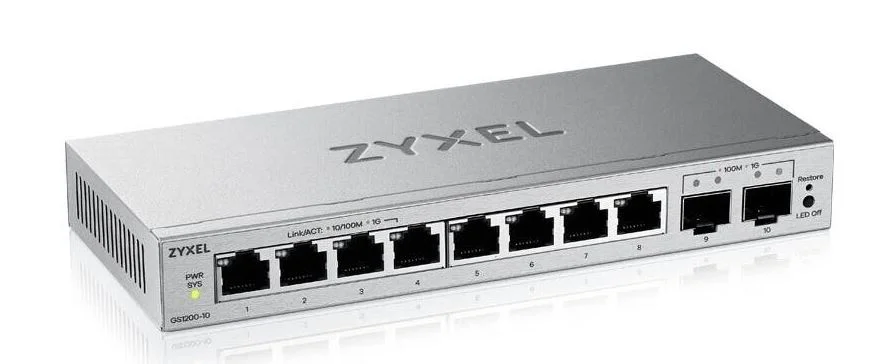 Zyxel Switch smart managed Layer2 8 Port • 10x 1 GbE • 2x SFP • Desktop • Lüfterlos • GS1200-10V3