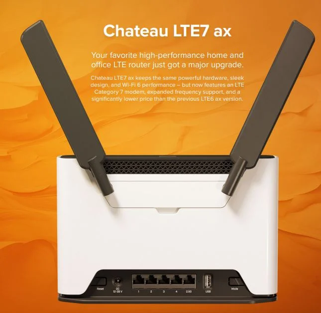 MikroTik Chateau LTE7 ax with two wireless interfaces (2.4 and 5 Ghz), 4x Gigabit, 1x 2.5 GB, S53UG+5HaxD2HaxD-TC&R11e-LTE7