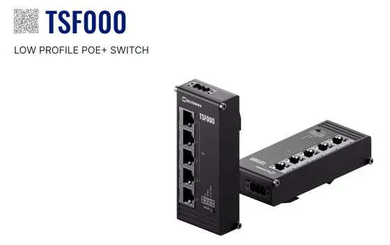 Teltonika · Switch · TSF000 · 5 Port 10/100 Flat Industrial unmanaged Switch, 4x PoE+