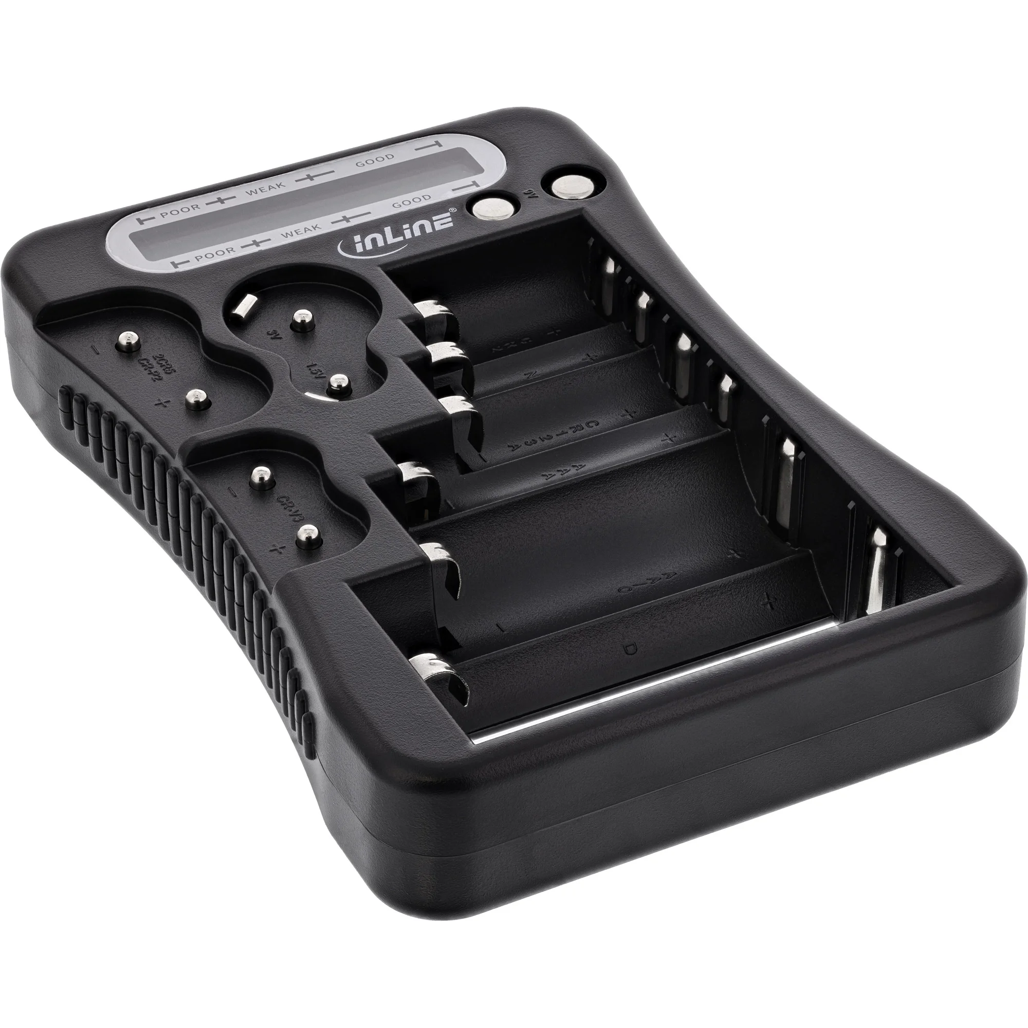InLine® Batterietester, LCD-Anzeige, universell für AA, AAA, 9V, Knopfzellen