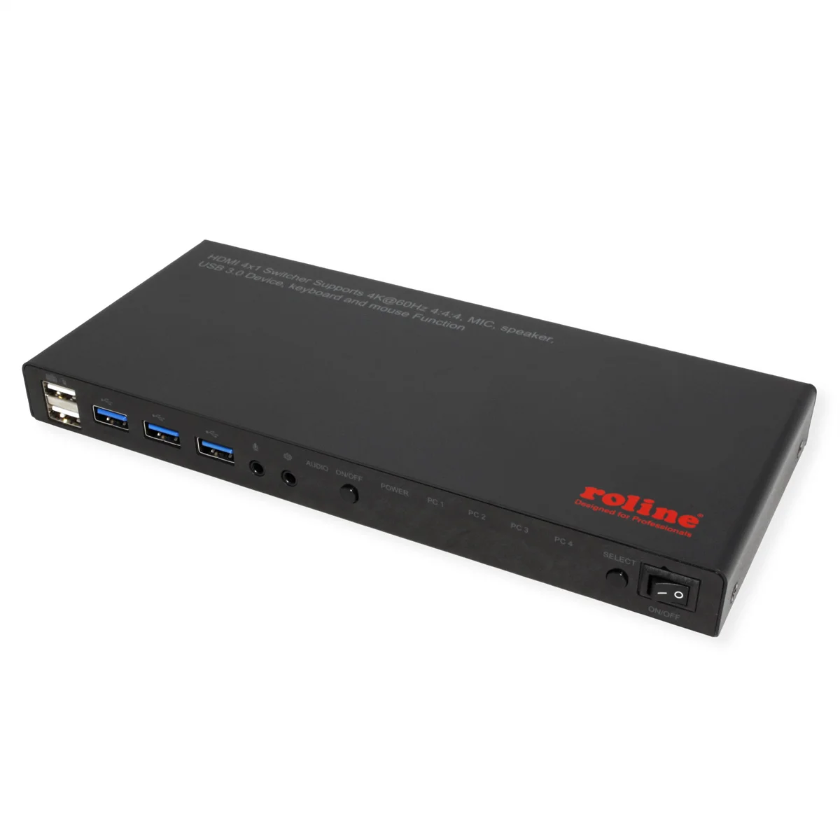 ROLINE KVM Switch, HDMI 4K, USB, 1 User - 4 PC, mit 3-Port USB-Hub