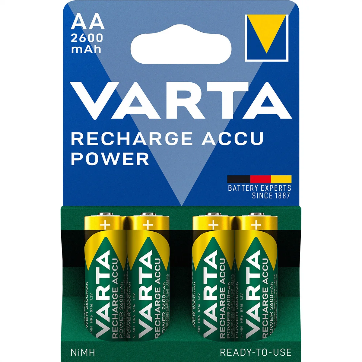 VARTA NiMH Akku Mignon, AA, HR06, 4er, 1,2V, 2600mAh, vorgeladen, sofort einsatzbereit