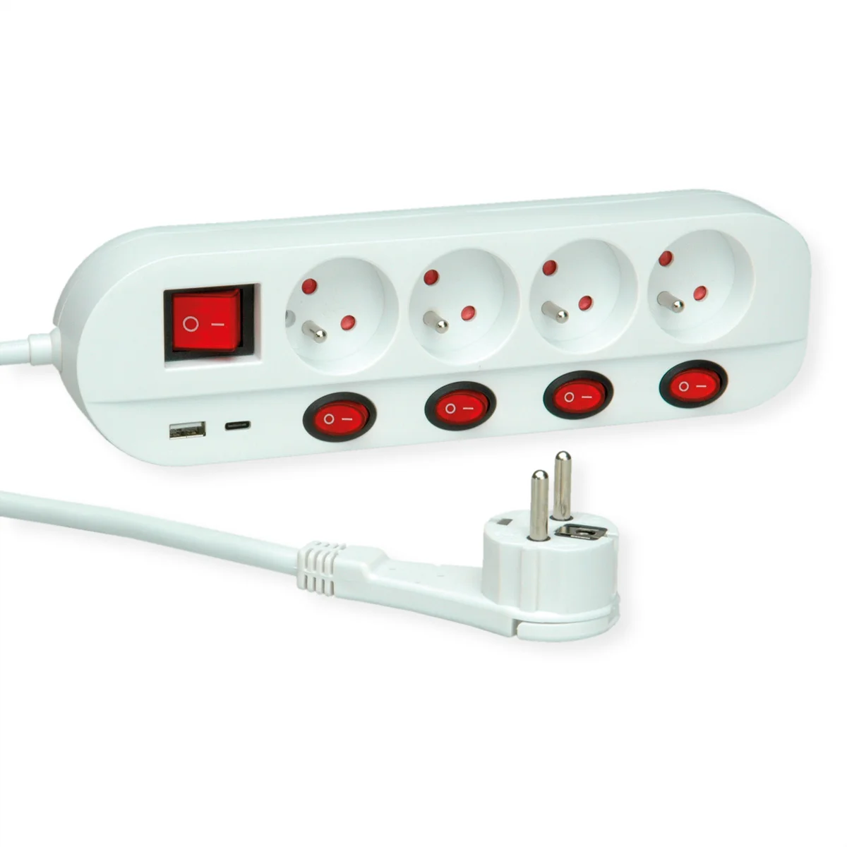 ROLINE 4-fach Steckdosenleiste mit Schalter, UTE Version, USB-Charger A+C, 3 m
