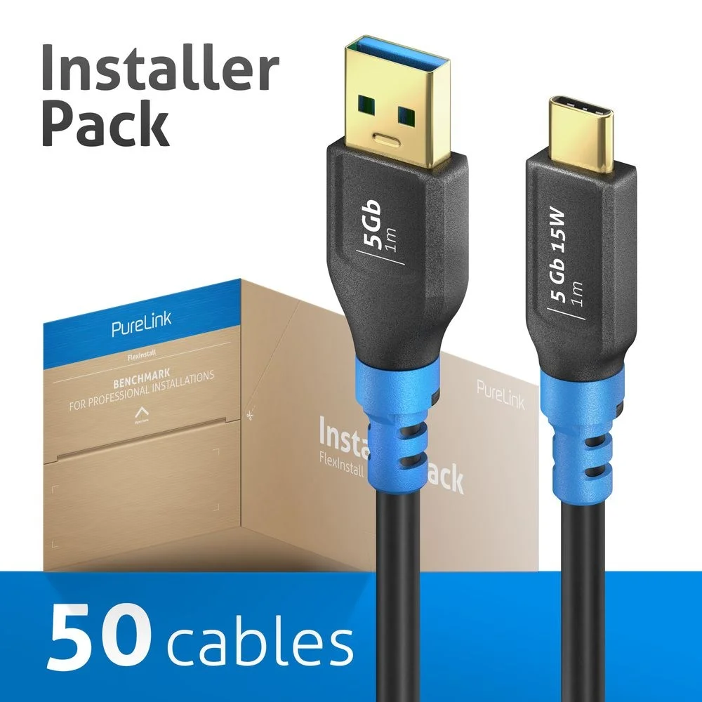 USB 3.2 Gen1 USB-C / USB-A Kabel, schwarz, 1.00m, Installer Pack 50pcs