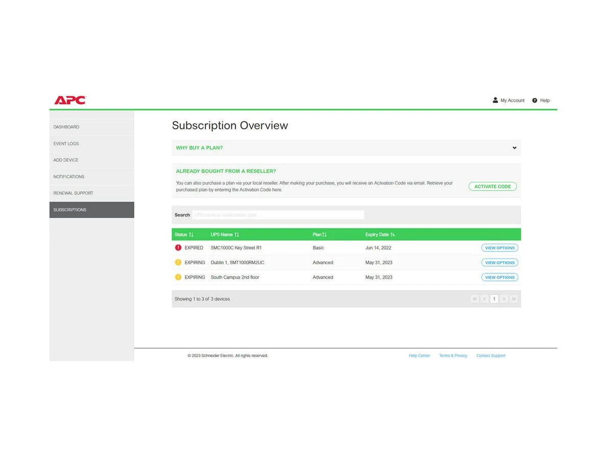 APC 1-UPS Standard 3Y Plan SmartConnect