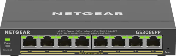 NETGEAR 8-Port Gigabit Ethernet High-Power PoE+ Plus Switch (GS308EPP) Managed L2/L3 Gigabit Ethernet (10/100/1000) Power over Ethernet (PoE) Schwarz