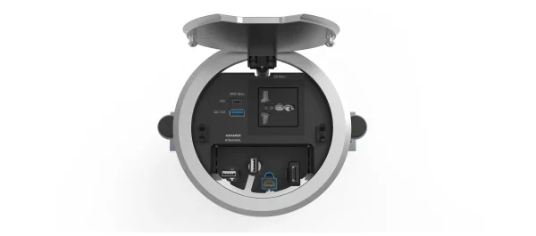 RTBUS–28XL(B) – Rundes Tischanschlussfeld mit Steckdose^ USB-Anschlüssen und Kabeldurchführungen