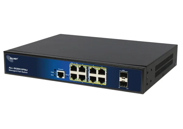 ALLNET Switch full managed Layer2+ 10 Port • 8x GbE • PoE Budget 130W • 8x PoE at • 2x SFP • 19" • Lüfterlos • JSON API • ALL-SG8610PMJ