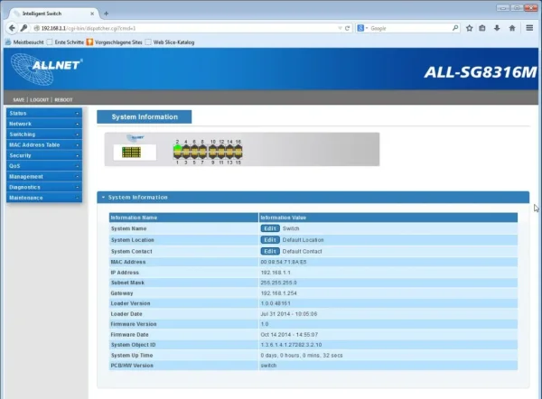 ALLNET Switch smart managed 16 Port Gigabit / 16x LAN / Lüfterlos / 19" & 10"/ " ALL-SG8316M"