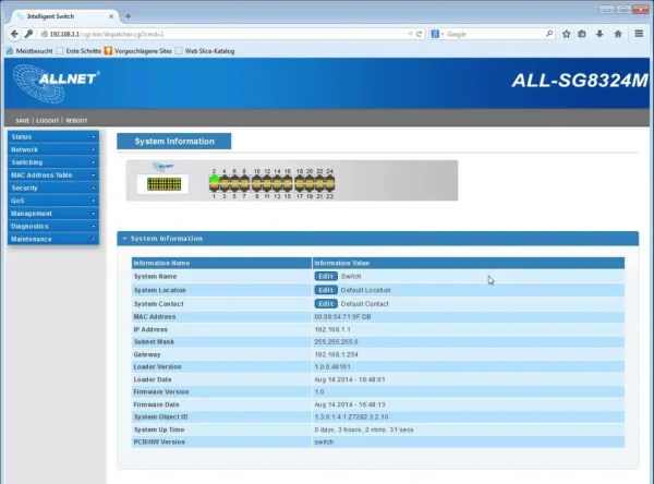 ALLNET Switch smart managed 24 Port Gigabit / 24x LAN / Lüfterlos / 19" / " ALL-SG8324M"