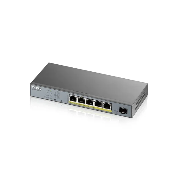 Zyxel Switch smart managed Layer2 6 Port • 5x 1 GbE • PoE Budget 60 Watt • 5x PoE at • 1x SFP • Desktop • Lüfterlos • GS1350-6HP