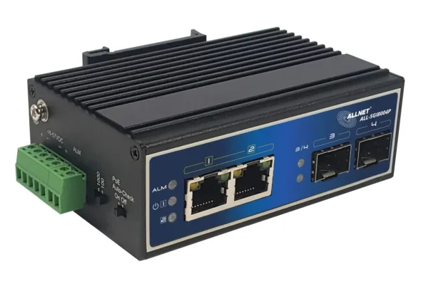 ALLNET switch industrial unmanaged Layer2 4 Port GbE • PoE Budget 180W • 2x PoE bt • 2x SFP • Lüfterlos • DIN • ALL-SGI8004P