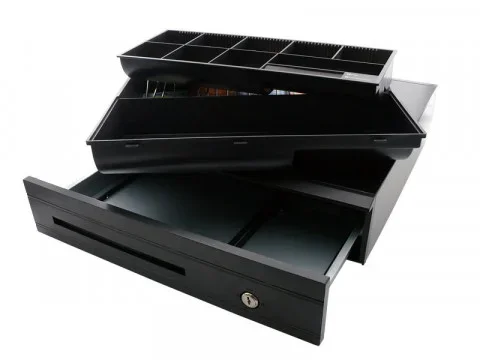 Kasse Metall-Kassenlade AC4250 , 8 Münz-, 5 Scheinfächern, Kunststofffront, DC24V RJ12 mit Micro Switch, Schwarz