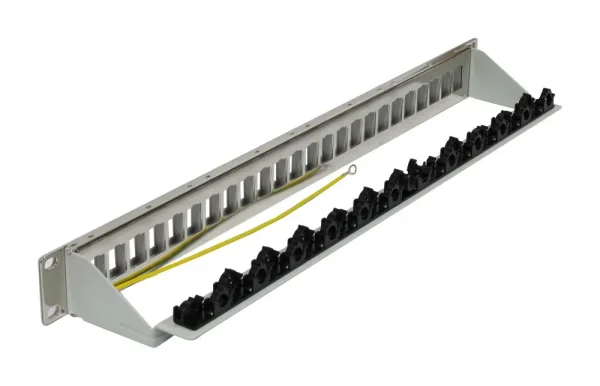 Keystone, Modulträger, 19" Patchpanel für 24xTP-Modul, 1HE(t 94mm), Lichtgrau, V4 mit Kabelklemme, Synergy 21,