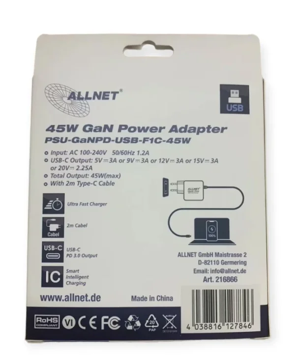 ALLNET Ersatznetzteil QC USB-C PD GaN Netzteil Power Supply 45 Watt 1x USB Typ-C mit 2m festem Kabel**EU PLUG**