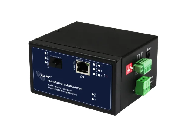 ALLNET Medienkonverter Industrial PoE (15,4W/30W/60W/90W) 10G-BASE-SX/-LX Single-/ Multimode SFP+ to RJ45 MultiG • Power-Booster 12~57VDC • DIN • ALL-MCI2011P-60W
