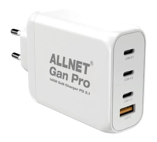ALLNET Ersatznetzteil QC USB-C PD 3.1 GaN Netzteil Power Supply 140 Watt 1x USB Typ-A QC 3.0, 3x USB Typ-C**EU PLUG**