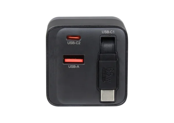 ALLNET Ersatznetzteil QC USB-C PD GaN Netzteil Power Supply 65 Watt 1x USB Typ-A QC, 1x USB Typ-C/ 1x USB Typ-C ausziehbar **EU PLUG** schwarz