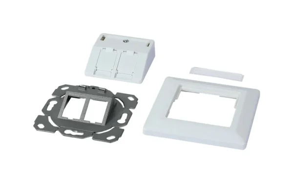 Dosen TP, UP,2-fach(27Grad Auslass für Runde Unterputzdosen), CAT6A, Keystone Slim-line/Komponent getestet, Reinweiss, Synergy 21,