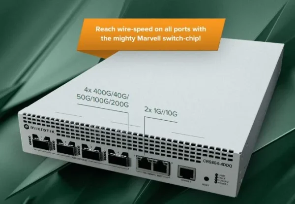 MikroTik Cloud Router Switch CRS804-4DDQ-hRM, 2x 10GB RJ45, 4x 400GB QSFP56, Hot-Swap, Rackmount