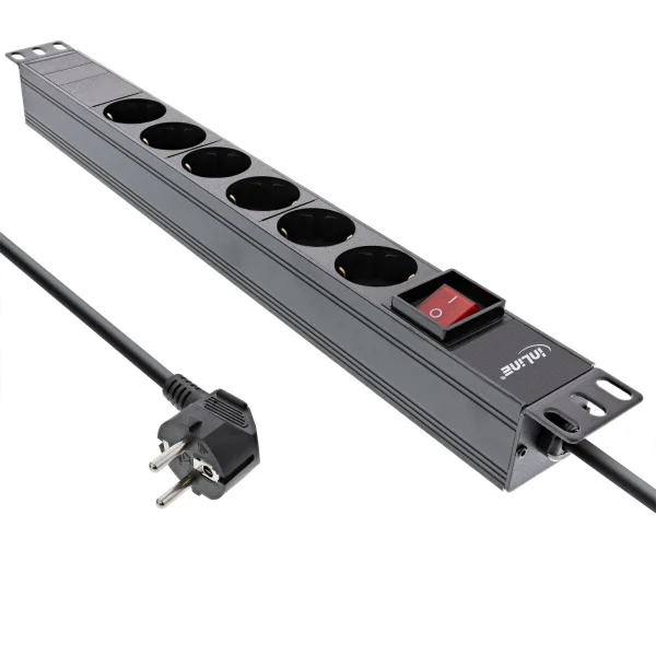 InLine® 19" Steckdosenleiste, 6-fach Schutzkontakt, mit Schalter, 2m, schwarz