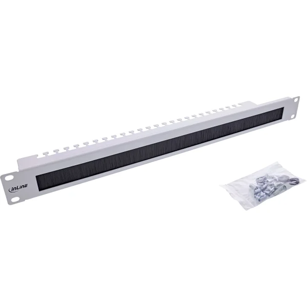 InLine® 19" Kabel Durchführungsplatte, 1HE, Bürste, Kabelleiste, grau
