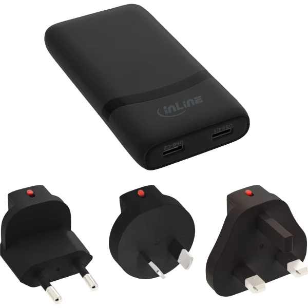 InLine® USB Reise-Netzteil Ladegerät, Dual USB-C, PD, PPS, 65W, flach, schwarz