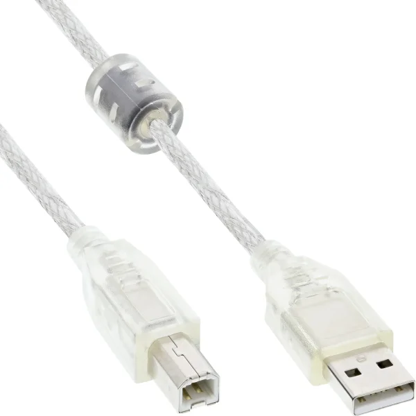 InLine® USB 2.0 Kabel, A an B, transparent, mit Ferritkern, 0,3m