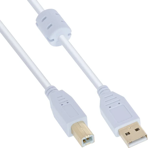 InLine® USB 2.0 Kabel, A an B, weiß / gold, mit Ferritkern, 2m