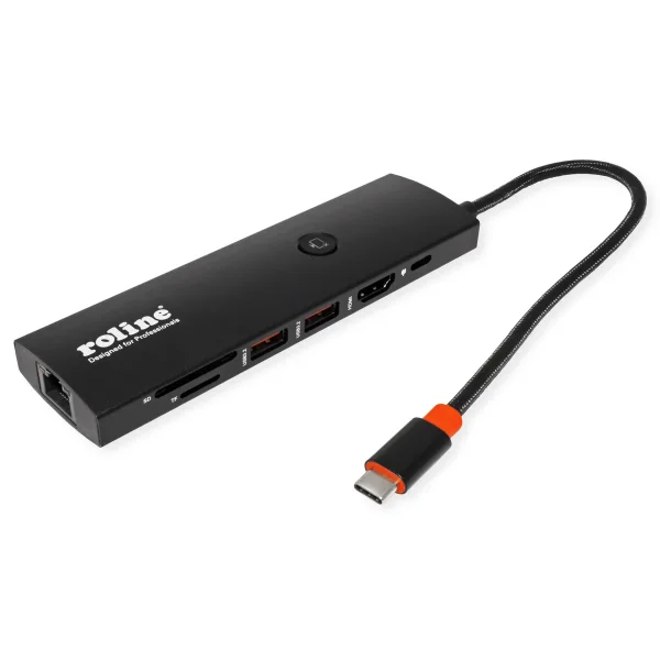 ROLINE USB 3.2 Gen2 Typ C Multiport Dockingstation, HDMI 4K60, USB 3.2 Gen2, USB-C PD, LAN, SD-Card Reader
