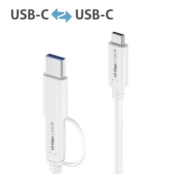 Premium USB 3.2 Gen2x1 USB-C Kabel mit USB-A Anschluss - 10Gbps, 100W, 4K60 - 1.00m, weiß