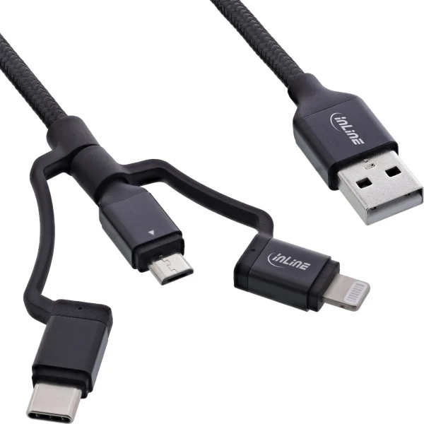 InLine® 3-in1 USB Kabel, Micro-USB/Lightning/USB-C, schwarz/Alu, 1,5m MFi