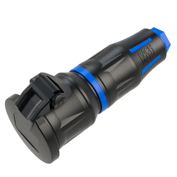 BACHMANN Profi-Schutzkontaktkupplung CEE7/3 Klappdeckel, LED, gummiert, sw-blau