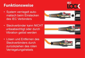 Netzkabel 230V Schutzkontakt CEE7(Stecker)->Kaltgeräte IEC-C13(Buchse), 1m, Black IEC Lock