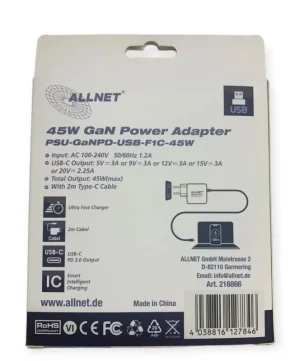 ALLNET Ersatznetzteil QC USB-C PD GaN Netzteil Power Supply 45 Watt 1x USB Typ-C mit 2m festem Kabel**EU PLUG**