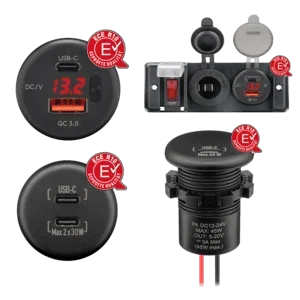 Dual USB-Einbaucharger mit offenen Kabelenden, LED-Anzeige u. Taster, Kabellänge 200 mm - USB-A / USB-C
