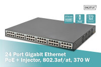 24-Port Gigabit Ethernet PoE+ Injektor, 802.3af/at, 370 W