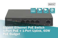 4- Port Gigabit PoE Netzwerkswitch, Desktop, unmanaged, 1 Uplink Port RJ45, 60 W, af/at