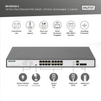 16-Port Fast Ethernet PoE Netzwerkswitch, 19 Zoll, unmanaged,2 Uplink Ports, SFP, 250 W, af/at